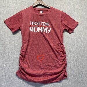 Decrum Maternity T Shirt Womens Small Red Graphic First Time Mommy Ruched Sides
